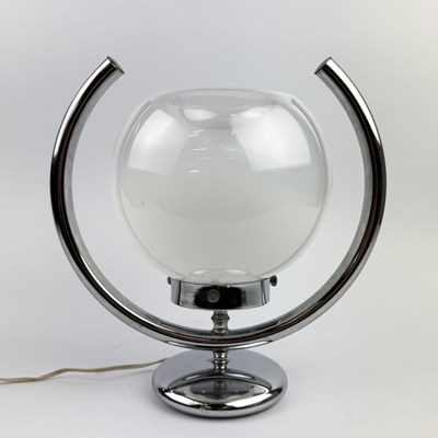 Lot 832 - 1970s ITALIAN CHROME SATURN TABLE LAMP WITH OPALINE GLASS SHADE