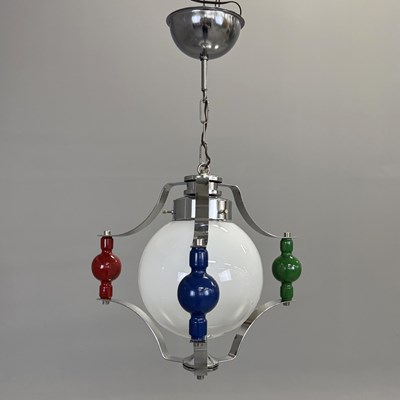 Lot 823 - 1960s ITALIAN PAINTED WOOD AND CHROME PENDANT LIGHT WITH OPALINE GLASS SHADE