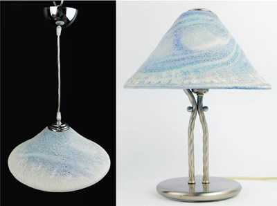 Lot 635 - ITALIAN LA MURRINA METAL TABLE LAMP WITH FROSTED BLUE GLASS SHADE AND MATCHING PENDANT LIGHT