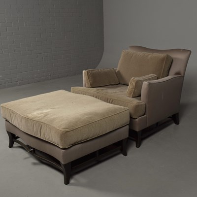 Lot 624 - DONGHIA ARMCHAIR AND FOOTSTOOL IN NEUTRAL UPHOLSTERY