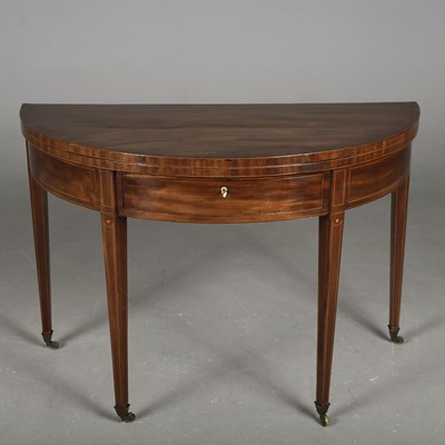 Lot 422 - GEORGE III MAHOGANY AND BOXWOOD STRUNG DEMI LUNE CARD TABLE