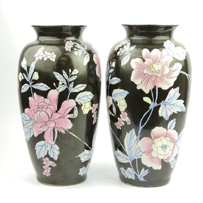 Lot 305 - PAIR OF CHINESE PORCELAIN BLACK AND FLORAL VASES (2)