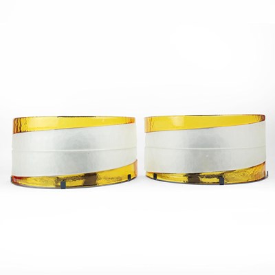 Lot 617 - PAIR OF ITALIAN RADIUS MAZZEGA MURANO CURVED GLASS WALL LIGHTS IN FROSTED AND AMBER GLASS.