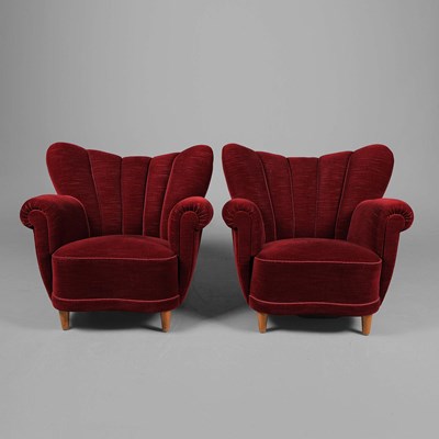 Lot 738 - ARMCHAIRS, A PAIR, MID 20th CENTURY RED CHENILLE.