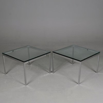 Lot 825 - PAIR OF GLASS AND CHROME SIDE TABLES.