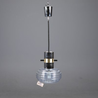 Lot 824 - 1970s ITALIAN CHROME AND BRASS PENDANT LIGHT WITH RIBBED GLASS SHADE