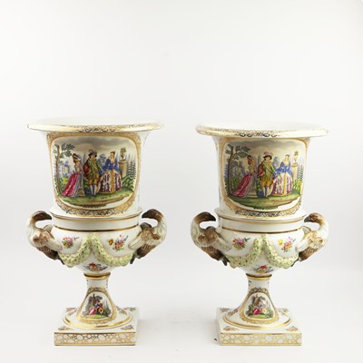 Lot 188 - A PAIR OF DRESDEN PORCELAIN URNS. (2)
