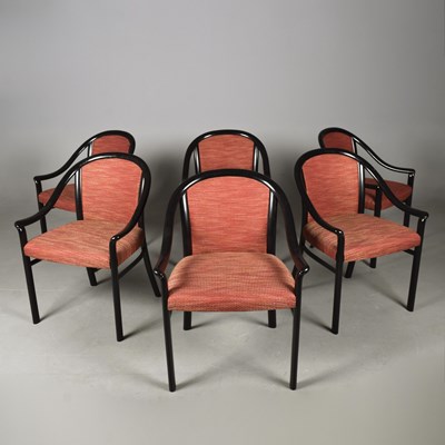 Lot 726 - SET OF SIX DINING CHAIRS WITH BLACK FRAMES AND RED UPHOLSTERY