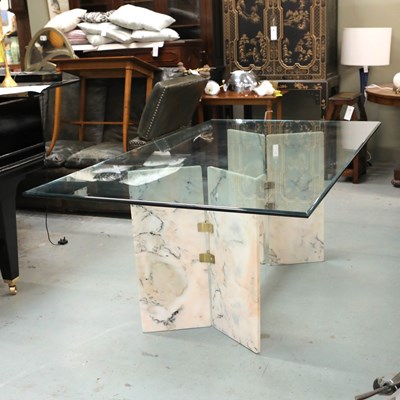 Lot 721 - ITALIAN DINING TABLE WITH MARBLE AND BRASS BASE AND THICK GLASS TOP