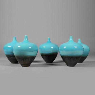 Lot 201 - A COLLECTION OF FIVE BLUE GLAZED CHINESE VASES. (5)
