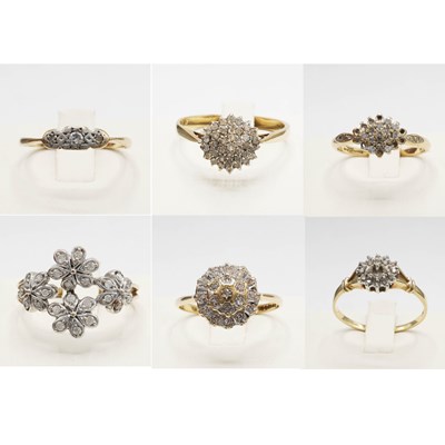 Lot 248 - A COLLECTION OF SIX ASSORTED 9CT GOLD DIAMOND CLUSTER RINGS