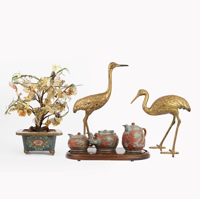 Lot 207 - A PAIR OF JAPANESE METAL CRANES, A THREE PIECE TEA SET AND SEMI-PRECIOUS TREE. (6)