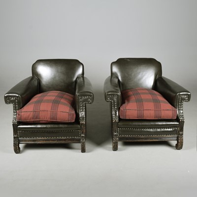 Lot 819 - A PAIR OF BLACK LEATHER CLUB ARMCHAIRS