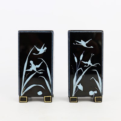 Lot 160 - BLACK GLASS VASES WITH WHITE CRANE AND BAMBOO MOTIFS, A PAIR (2)
