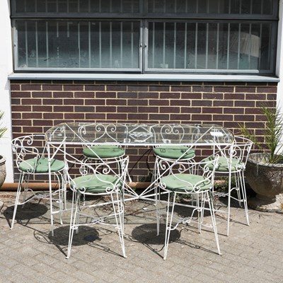 Lot 425 - MID 20TH CENTURY WHITE PAINTED IRON GARDEN TABLE AND SIX CHAIRS (7)