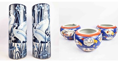 Lot 198 - A PAIR OF CHINESE BLUE AND WHITE STICK STANDS AND THREE JAPANESE JARDINIERES. (5)