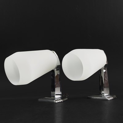 Lot 719 - PAIR OF 1970s ITALIAN CHROME WALL LIGHTS BY ED MILANO WITH OPALINE GLASS SHADES