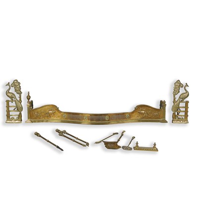 Lot 312 - BRASS FENDER, PLUS A FIRESIDE COMPANION SET (qty)