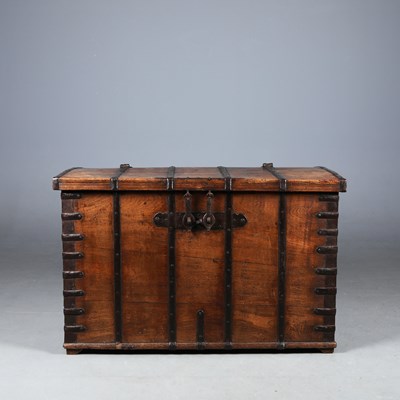 Lot 334 - A SOUTH EAST ASIAN INDIAN TEAK AND IRONBOUND TRUNK.