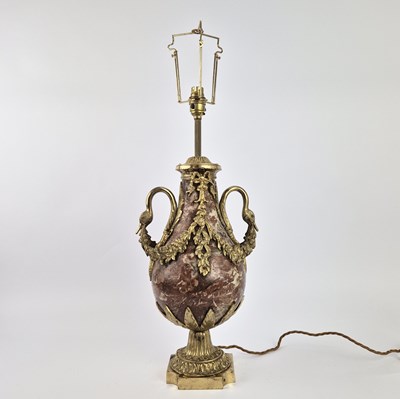 Lot 302 - A FRENCH EMPIRE ROUGE MARBLE AND ORMOLU MOUNTED LAMP.