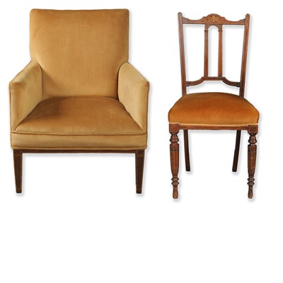 Lot 294 - EDWARDIAN ARMCHAIR IN GOLDEN YELLOW UPHOLSTERY, WITH AN EDWARDIAN INLAID MAHOGANY SIDE CHAIR