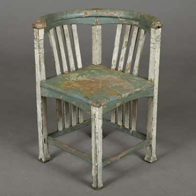 Lot 289 - SCANDINAVIAN GREEN PAINTED PINE BARREL BACK CORNER CHAIR