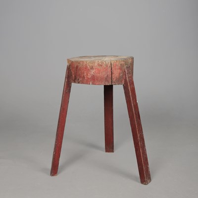 Lot 288 - RUSTIC STUMP SIDE TABLE IN OLD, WORN RED PAINT