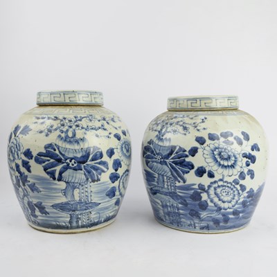 Lot 821 - CHINESE EXPORT STYLE BLUE AND WHITE CERAMIC GINGER JARS, A PAIR