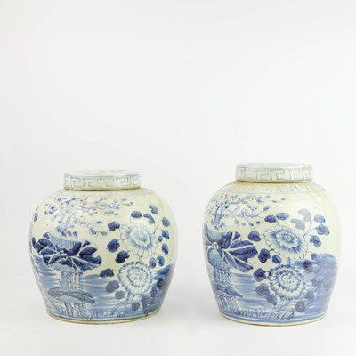 Lot 786 - CHINESE EXPORT STYLE BLUE AND WHITE CERAMIC GINGER JARS, A PAIR