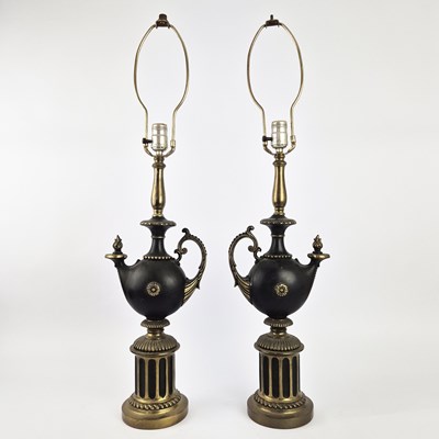Lot 727 - OIL LANTERN FORM TABLE LAMPS, A NEAR PAIR