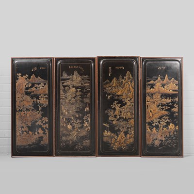 Lot 205 - A SET OF FOUR CHINESE BLACK LACQUER AND GILT DECORATED PANELS. (4)