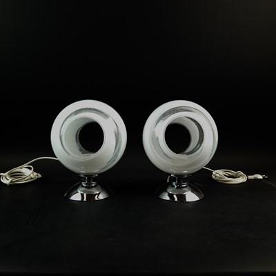 Lot 627 - PAIR OF 1970s ITALIAN MAZZEGA TABLE LAMPS WITH STRIPED MURANO GLASS SHADES