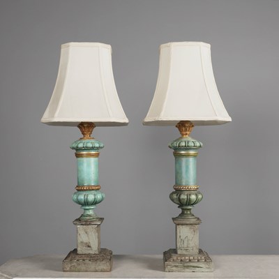 Lot 328 - PAIR OF PAINTED AND CARVED WOOD TABLE LAMPS (2)