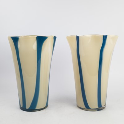 Lot 166 - PAIR OF WHITE AND BLUE STRIPED GLASS VASES (2)