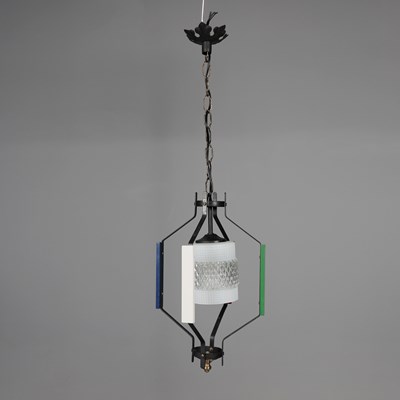 Lot 723 - 1960s ITALIAN PAINTED WOOD AND METAL PENDANT LIGHT WITH GLASS SHADE