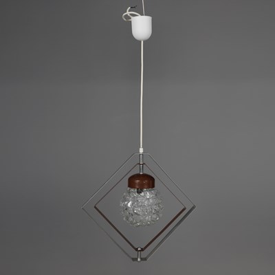 Lot 713 - 1960s DANISH CHROME AND BROWN METAL PENDANT LIGHT WITH CUT GLASS SHADE