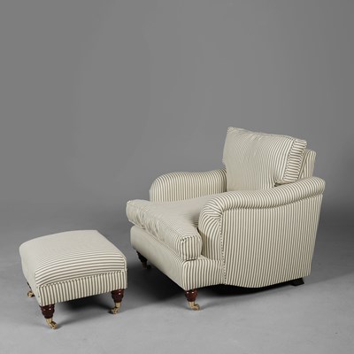 Lot 423 - GREEN TICKING ARMCHAIR AND STOOL (2)