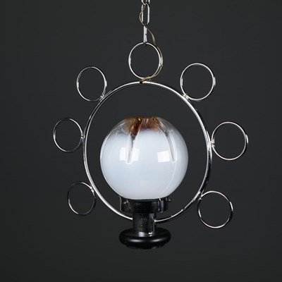 Lot 595 - 1970s ITALIAN CHROME SATURN PENDANT LIGHT WITH MAZZEGA MURANO GLASS SHADE.