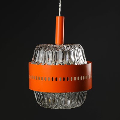 Lot 787 - 1970s ITALIAN SPACE AGE ORANGE METAL AND GLASS PENDANT LIGHT