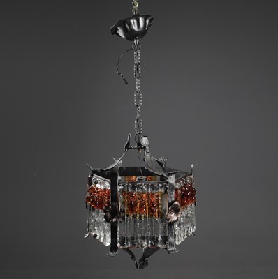 Lot 621 - 1960s SWEDISH BRUTALIST WROUGHT IRON AND MURANO GLASS PENDANT LIGHT BY TOM AHLSTROM HANS EHRICH.