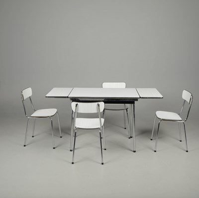 Lot 644 - 1970s BELGIUM DINING TABLE BY TAVO IN CHROME AND FORMICA, WITH FOUR CHAIRS.